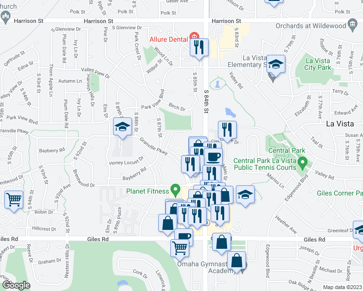 map of restaurants, bars, coffee shops, grocery stores, and more near 8502 Granville Parkway in La Vista