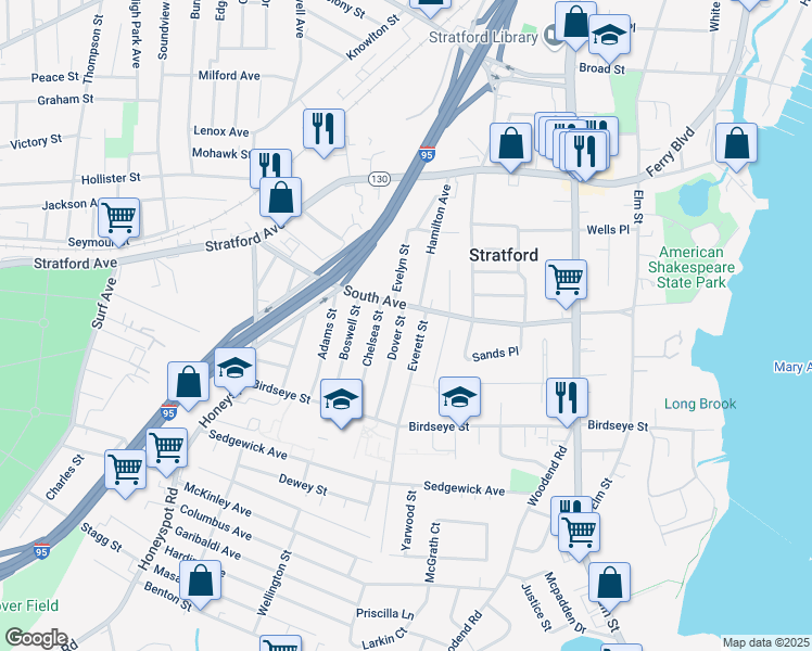 map of restaurants, bars, coffee shops, grocery stores, and more near 35 Dover Street in Stratford