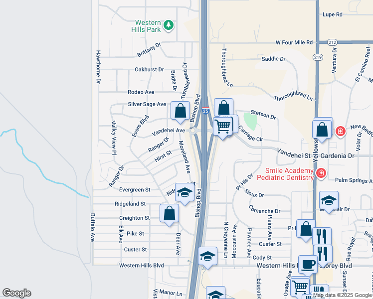 map of restaurants, bars, coffee shops, grocery stores, and more near 6717 Moreland Avenue in Cheyenne