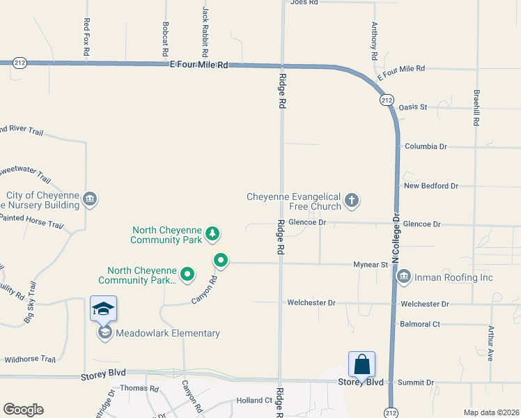 map of restaurants, bars, coffee shops, grocery stores, and more near 6912 Ridge Road in Cheyenne