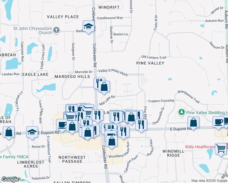 map of restaurants, bars, coffee shops, grocery stores, and more near 10817 Mill Lake Cove in Fort Wayne