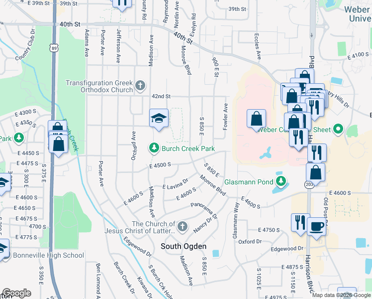 map of restaurants, bars, coffee shops, grocery stores, and more near 4397 Monroe Boulevard in Ogden