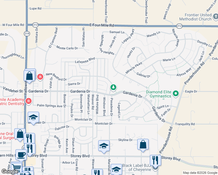 map of restaurants, bars, coffee shops, grocery stores, and more near 7111-7199 Pasadena Drive in Cheyenne