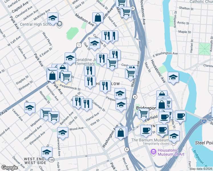 map of restaurants, bars, coffee shops, grocery stores, and more near in Bridgeport