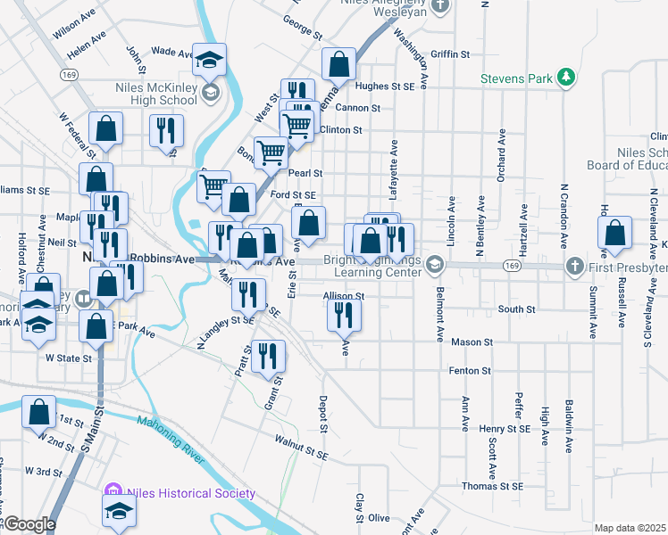 map of restaurants, bars, coffee shops, grocery stores, and more near 451 Robbins Avenue in Niles