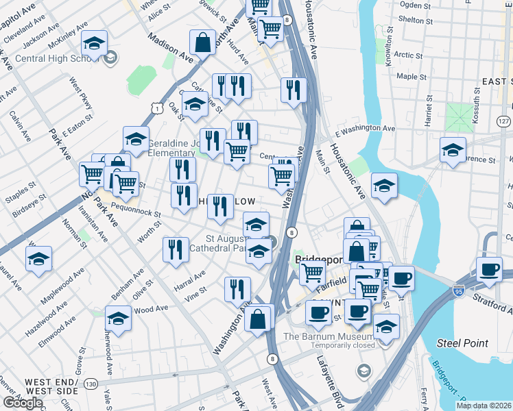 map of restaurants, bars, coffee shops, grocery stores, and more near 123 Sanford Avenue in Bridgeport
