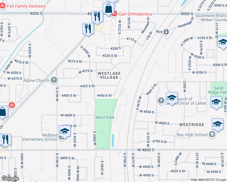 map of restaurants, bars, coffee shops, grocery stores, and more near 4441 South 2750 West in Roy