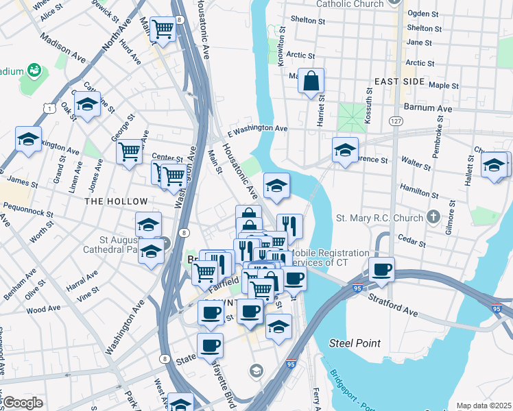 map of restaurants, bars, coffee shops, grocery stores, and more near 295 Middle Street in Bridgeport