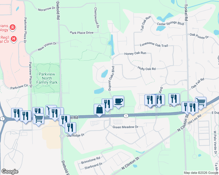 map of restaurants, bars, coffee shops, grocery stores, and more near 10719 Dupont Oaks Boulevard in Fort Wayne