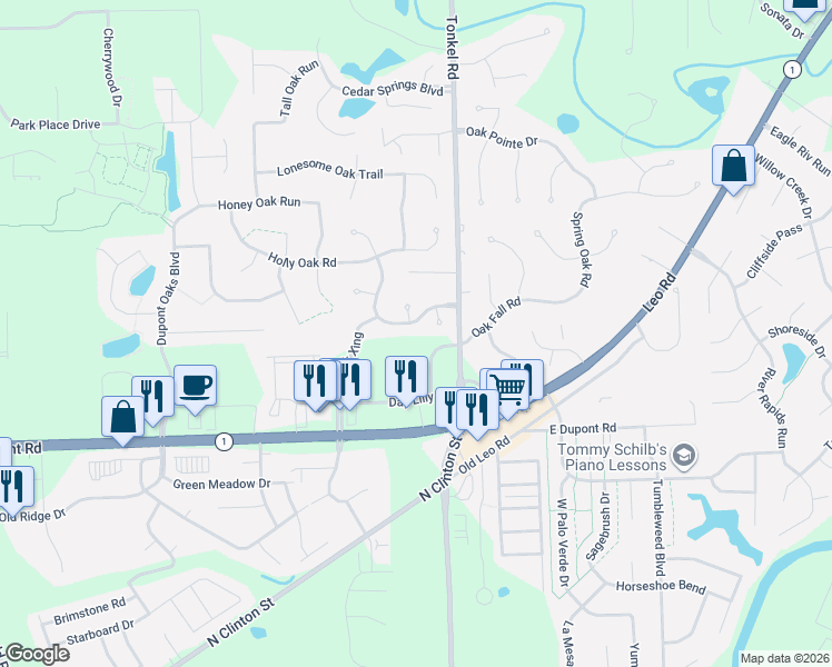 map of restaurants, bars, coffee shops, grocery stores, and more near 5318 Oak Chase Run in Fort Wayne