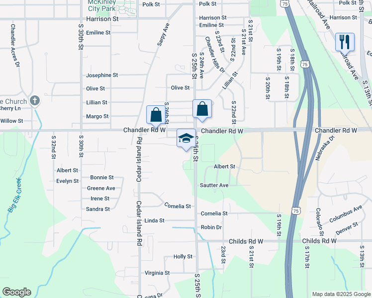 map of restaurants, bars, coffee shops, grocery stores, and more near 7800 South 25th Street in Bellevue