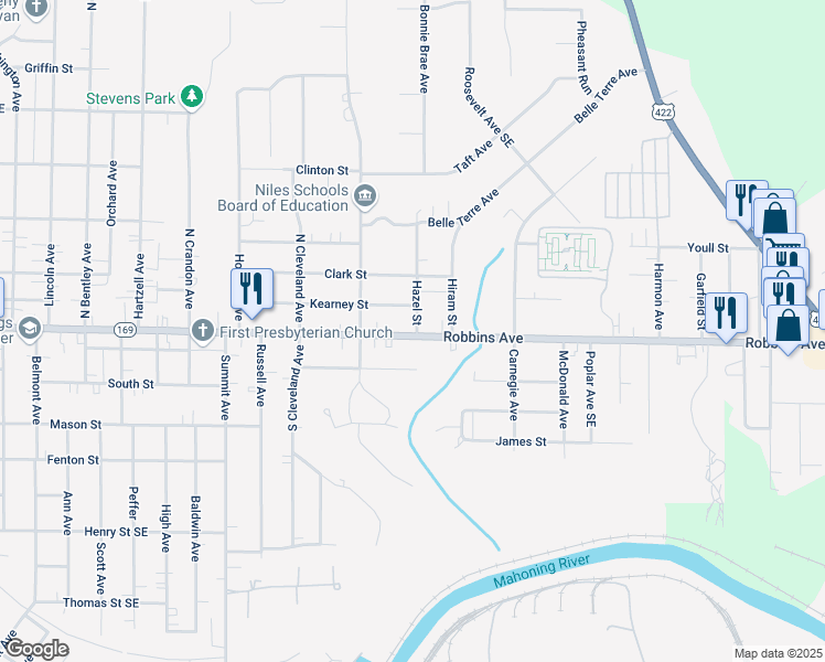 map of restaurants, bars, coffee shops, grocery stores, and more near 1548 Ohio 169 in Niles