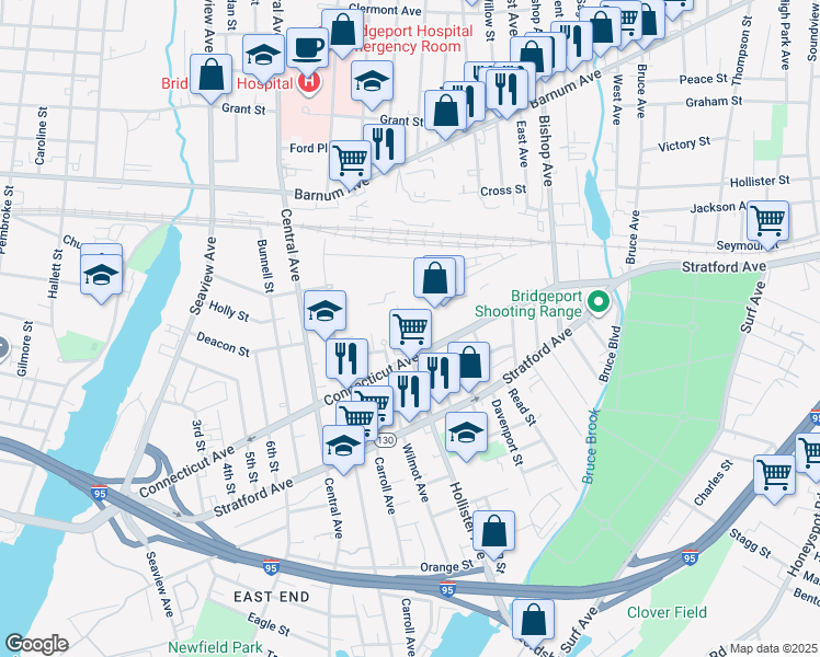 map of restaurants, bars, coffee shops, grocery stores, and more near 560 Hollister Avenue in Bridgeport