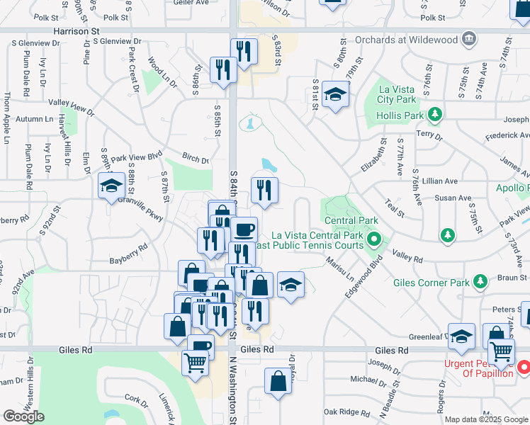 map of restaurants, bars, coffee shops, grocery stores, and more near 8219 City Centre Drive in La Vista