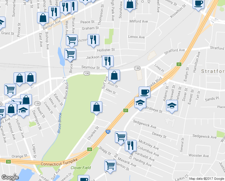 map of restaurants, bars, coffee shops, grocery stores, and more near 89 Allen Street in Stratford