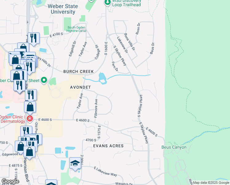 map of restaurants, bars, coffee shops, grocery stores, and more near 4420 Park View Drive in Ogden