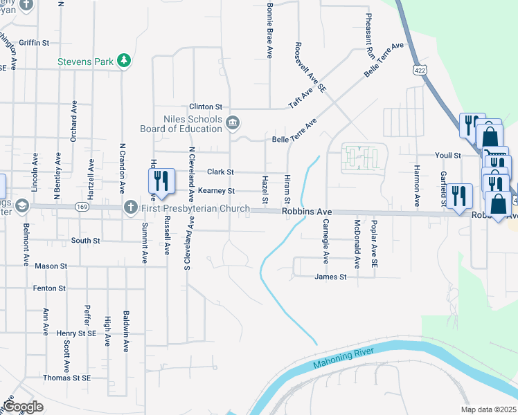 map of restaurants, bars, coffee shops, grocery stores, and more near 1548 Ohio 169 in Niles