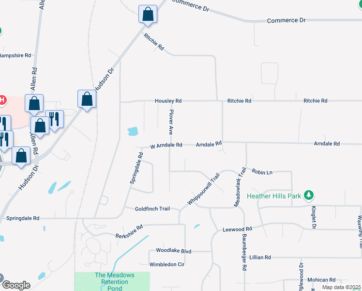 map of restaurants, bars, coffee shops, grocery stores, and more near 1298 West Arndale Road in Stow
