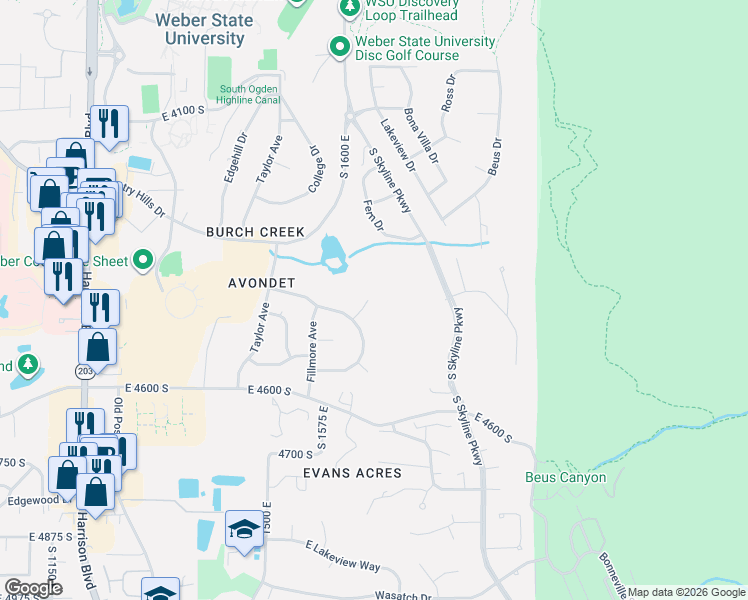 map of restaurants, bars, coffee shops, grocery stores, and more near 4420 Park View Drive in Ogden