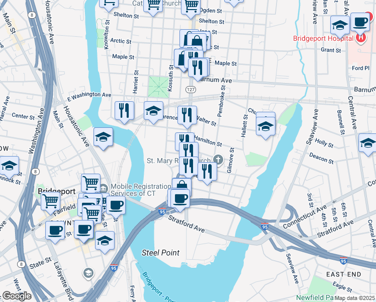 map of restaurants, bars, coffee shops, grocery stores, and more near 20 Steuben Street in Bridgeport