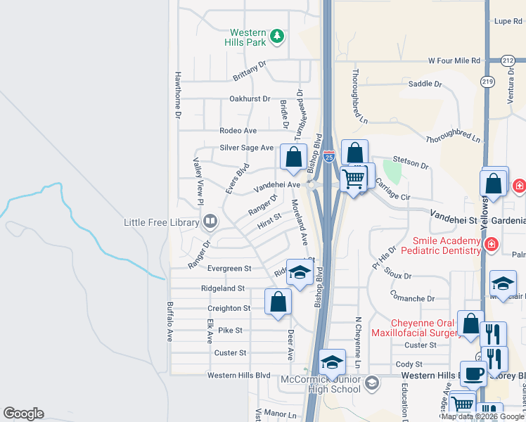 map of restaurants, bars, coffee shops, grocery stores, and more near 743 Ranger Drive in Cheyenne