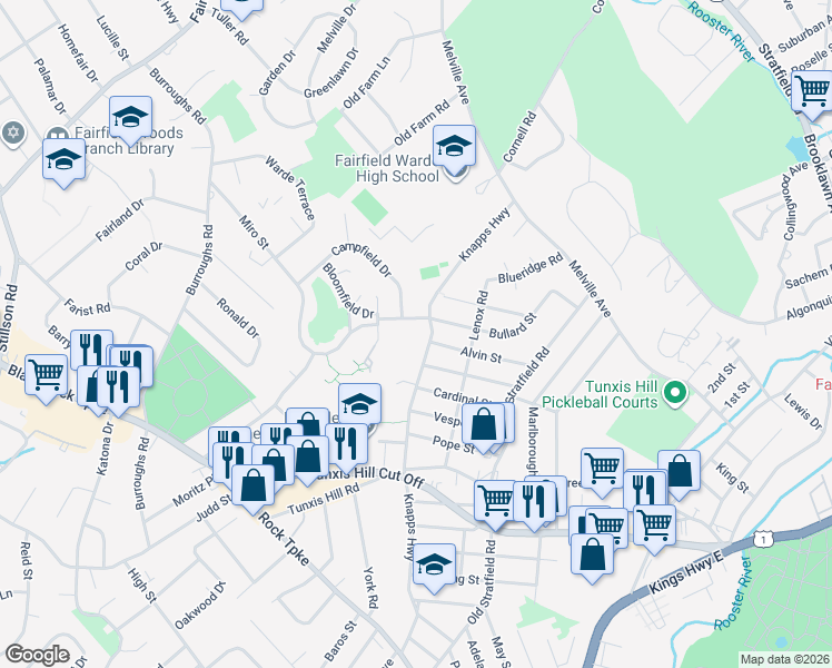 map of restaurants, bars, coffee shops, grocery stores, and more near 318 Knapps Highway in Fairfield