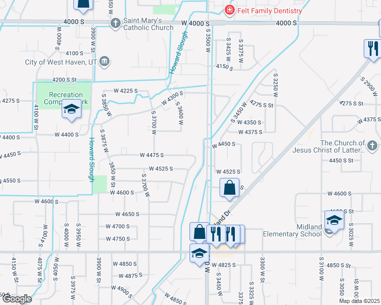 map of restaurants, bars, coffee shops, grocery stores, and more near 3610 West 4475 South in West Haven