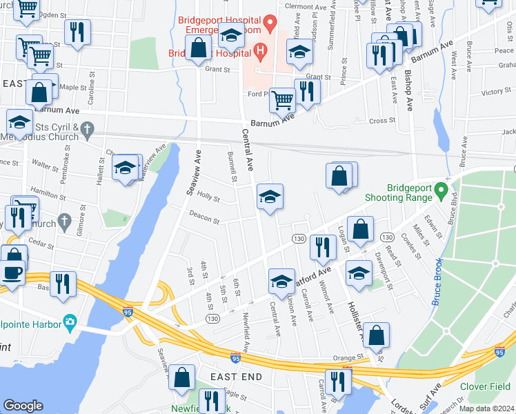 map of restaurants, bars, coffee shops, grocery stores, and more near 1120 Central Ave in Bridgeport