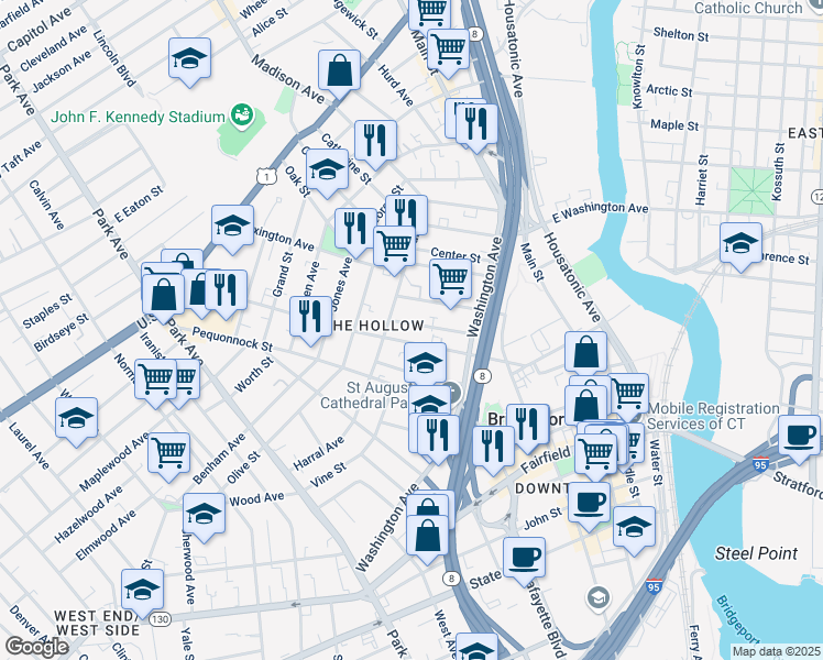 map of restaurants, bars, coffee shops, grocery stores, and more near 123 Sanford Avenue in Bridgeport