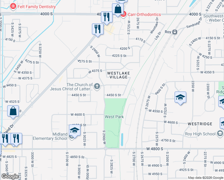 map of restaurants, bars, coffee shops, grocery stores, and more near 4440 2850 West Street in Roy