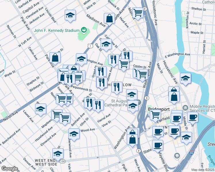 map of restaurants, bars, coffee shops, grocery stores, and more near 68 Jones Avenue in Bridgeport
