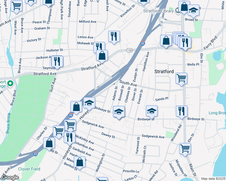 map of restaurants, bars, coffee shops, grocery stores, and more near 71 Adams Street in Stratford
