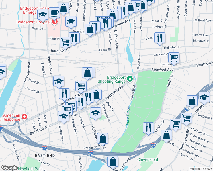 map of restaurants, bars, coffee shops, grocery stores, and more near 84 Waterman Street in Bridgeport
