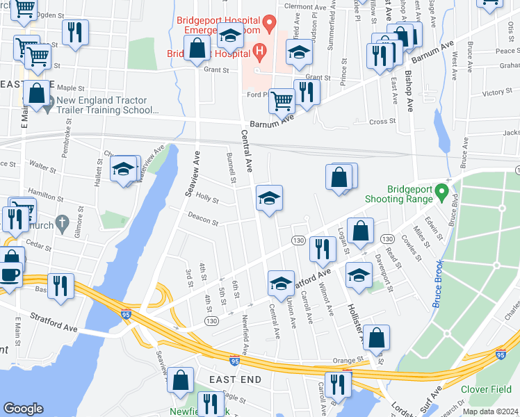 map of restaurants, bars, coffee shops, grocery stores, and more near 1117 Central Avenue in Bridgeport
