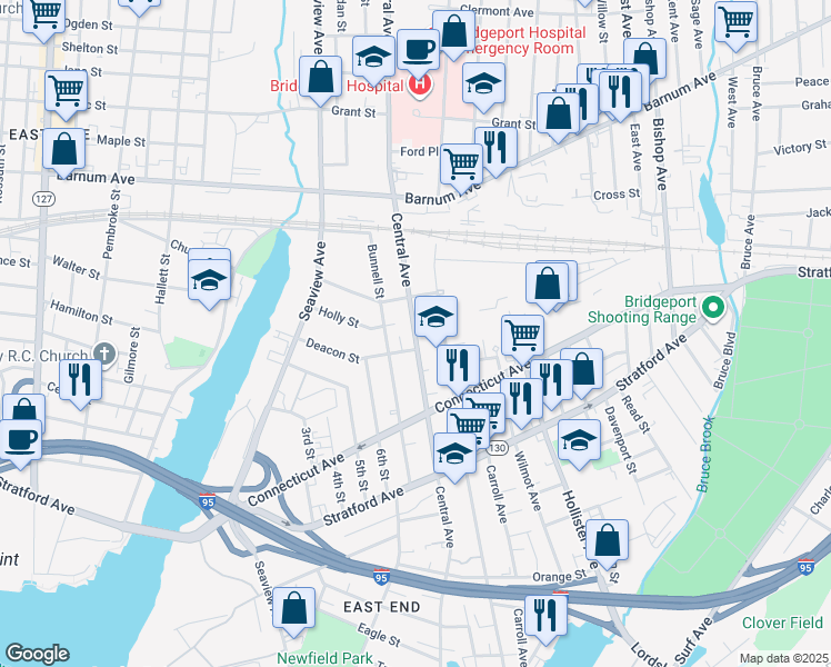 map of restaurants, bars, coffee shops, grocery stores, and more near 1117 Central Avenue in Bridgeport