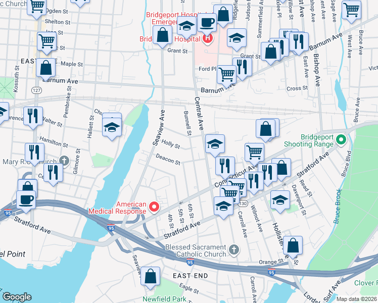 map of restaurants, bars, coffee shops, grocery stores, and more near 206 Holly Street in Bridgeport