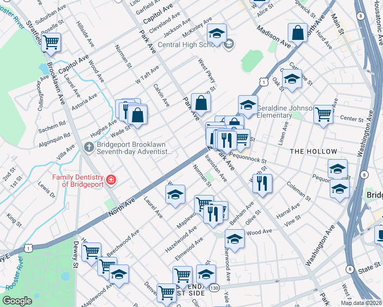 map of restaurants, bars, coffee shops, grocery stores, and more near 1115 Norman Street in Bridgeport