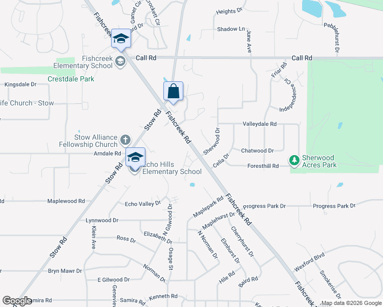 map of restaurants, bars, coffee shops, grocery stores, and more near 4840 Fishcreek Road in Stow