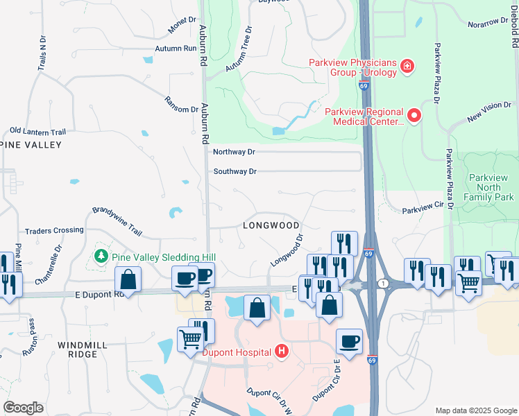 map of restaurants, bars, coffee shops, grocery stores, and more near 2513 Westmore Drive in Fort Wayne