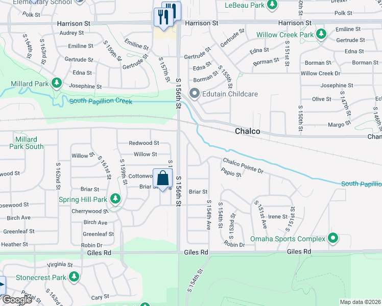 map of restaurants, bars, coffee shops, grocery stores, and more near 7709 South 155th Avenue in Omaha