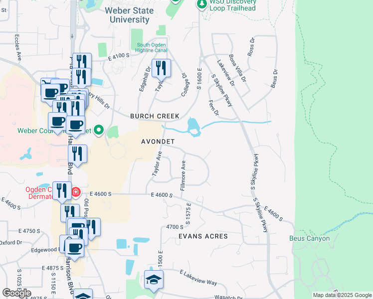 map of restaurants, bars, coffee shops, grocery stores, and more near 1562 Pinecrest Drive in Ogden