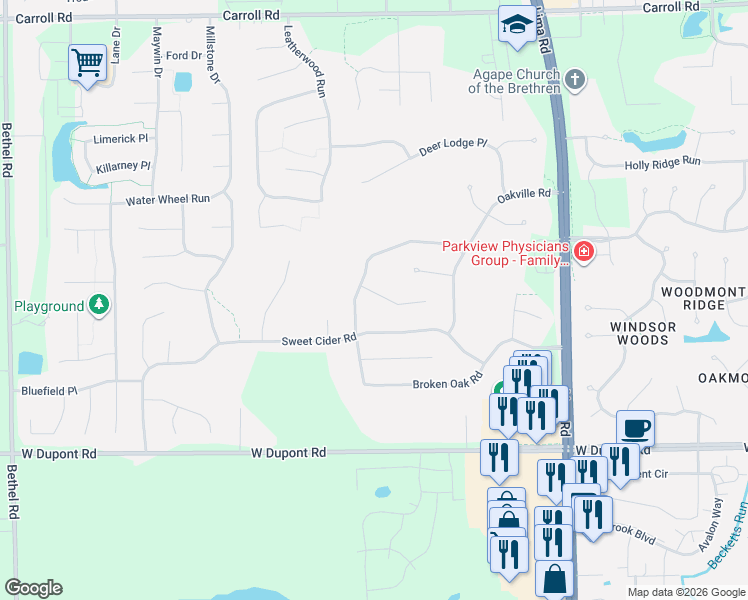 map of restaurants, bars, coffee shops, grocery stores, and more near 2317 Weather Wood Place in Fort Wayne
