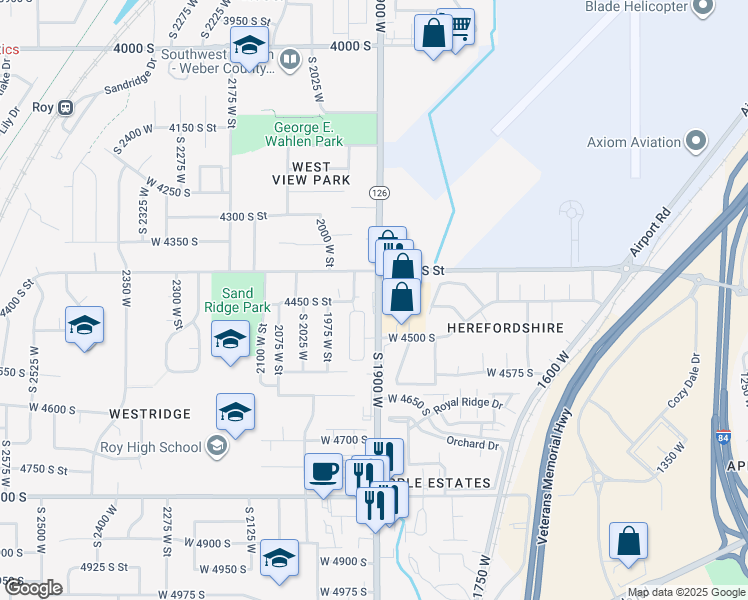 map of restaurants, bars, coffee shops, grocery stores, and more near 4449 South 1900 West in Roy