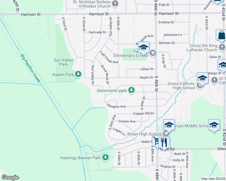 map of restaurants, bars, coffee shops, grocery stores, and more near 7817 Arrow Rock Drive in Omaha
