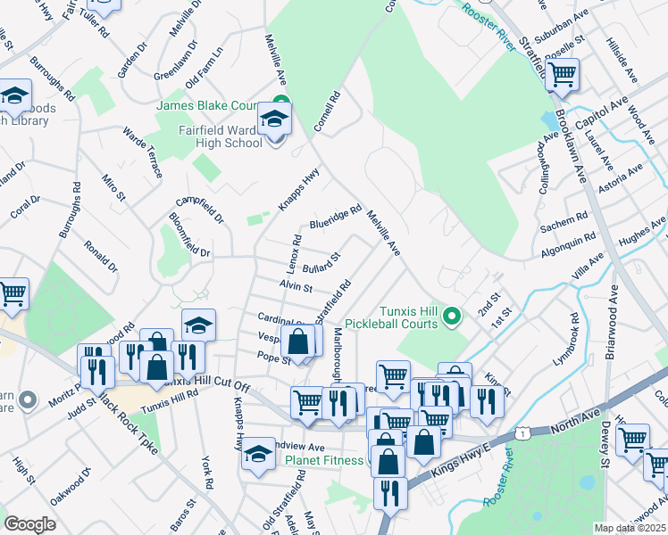 map of restaurants, bars, coffee shops, grocery stores, and more near 196 Bullard Street in Fairfield