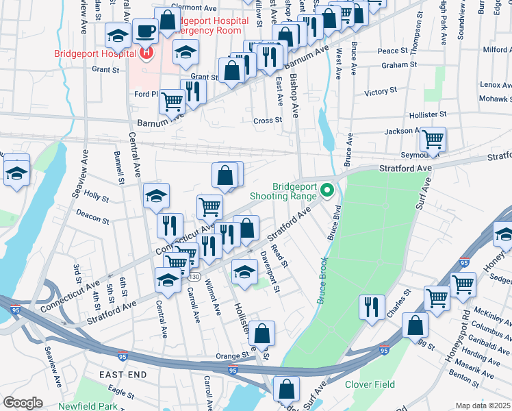 map of restaurants, bars, coffee shops, grocery stores, and more near 1016 Connecticut Avenue in Bridgeport