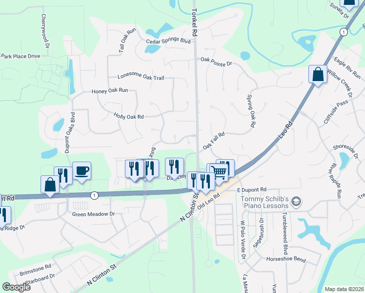 map of restaurants, bars, coffee shops, grocery stores, and more near 5318 Oak Chase Run in Fort Wayne