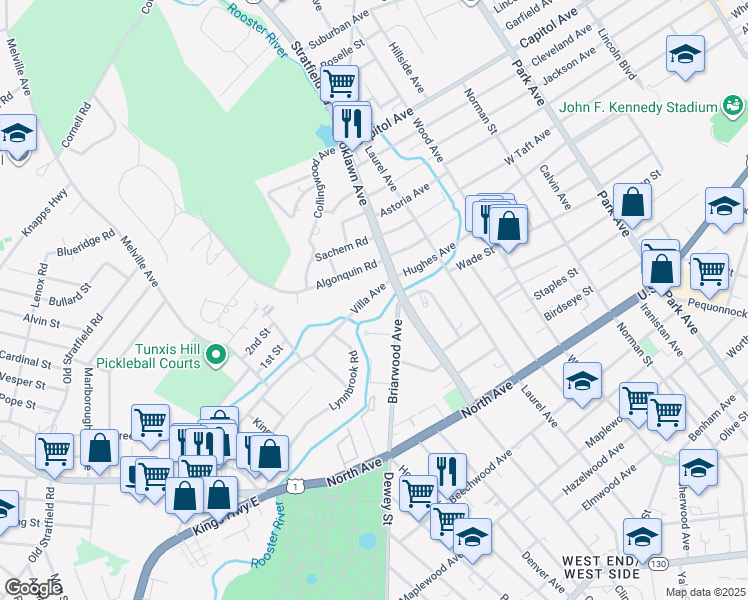map of restaurants, bars, coffee shops, grocery stores, and more near 95 Villa Avenue in Fairfield