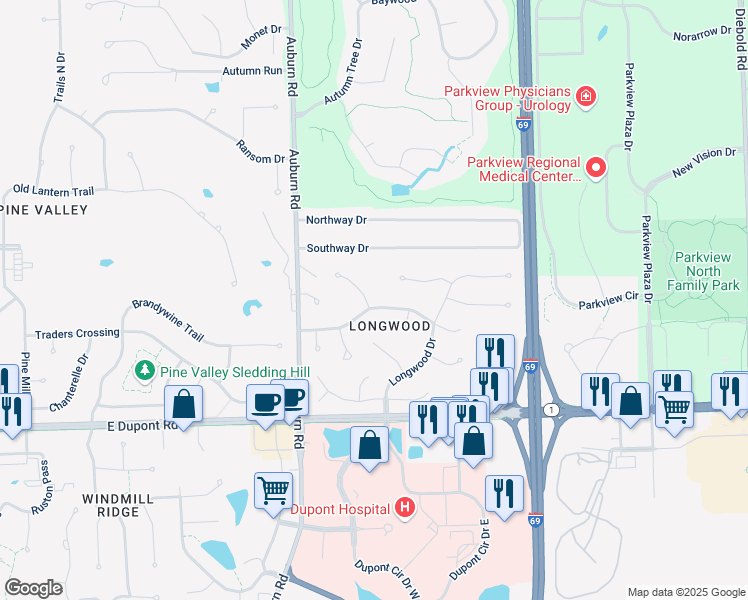 map of restaurants, bars, coffee shops, grocery stores, and more near 2513 Westmore Drive in Fort Wayne