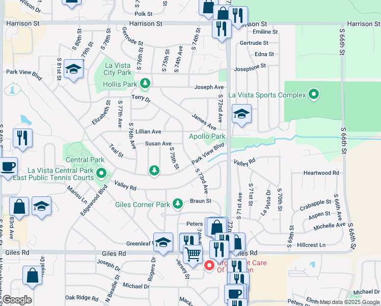 map of restaurants, bars, coffee shops, grocery stores, and more near 7405 Terry Drive in La Vista